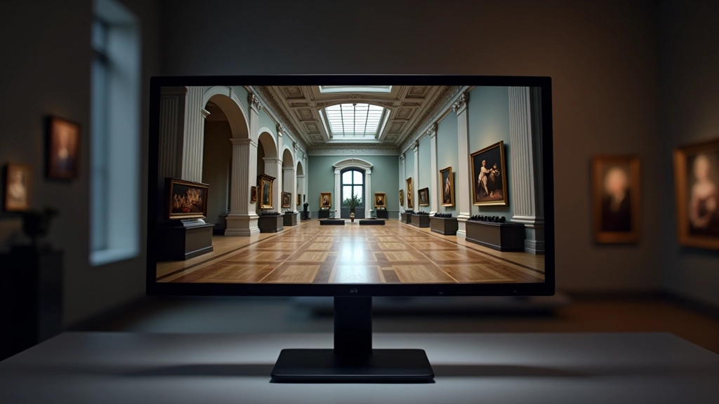 Datora monitors ar virtuālu muzeja skatuvi, mākslas darbi, navigācija uz ekrāna