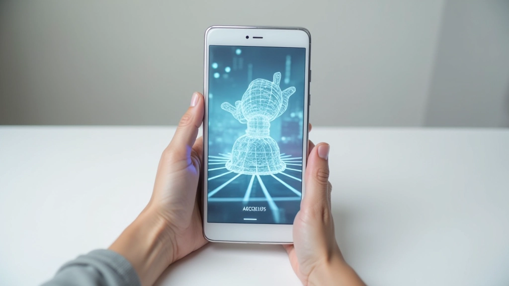Modernis viedtālrunis ar AR aplikāciju uz ekrāna, rāda 3D objektus, balta vai gaiša fona