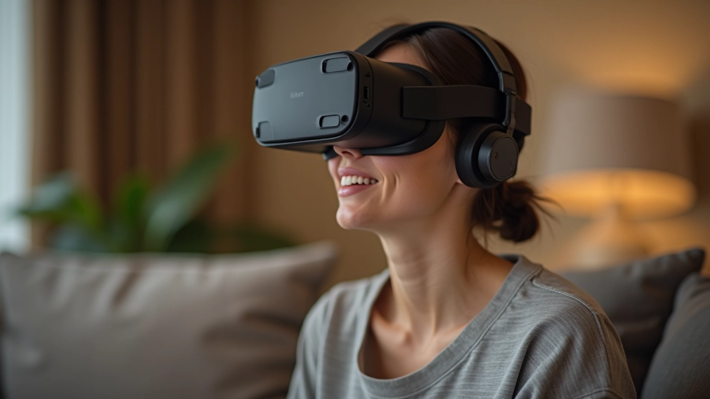 Sieviete ar VR austiņām sēž dīvānā, skatoties uz virtuālu mākslas galeriju